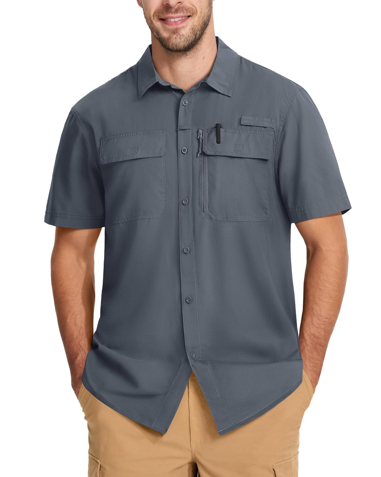 MAGCOMSEN Sun Shirts for Men Short Sleeve SPF Performance Fishing Shirts Dry Fit Light Weight Button Up Work Shirts Dark Grey L