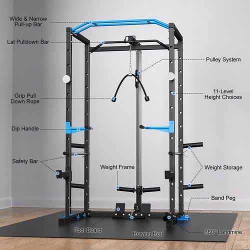 MERACH Power Cage, Multi-Functional Squat Rack for Home Gym with Cable Crossover System, 1600LBS Weight Capacity, Strength Training Equipment with Attachments