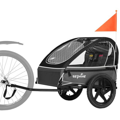 Sepnine Kids Bike Trailer, Suitable for 1 Kid, 12+ Months, Quick Attach to Bike, Foldable, with Seat Belt Harness and Storage Bags Black