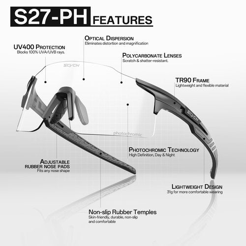 SCVCN Photochromic Cycling Glasses Sports Sunglasses Men Women Clear Bicycle MTB UV400 Protection TR90 Frame Running Mountain Bike Baseball Biking Goggles Riding BMX Golf Driving Softball 01 Black