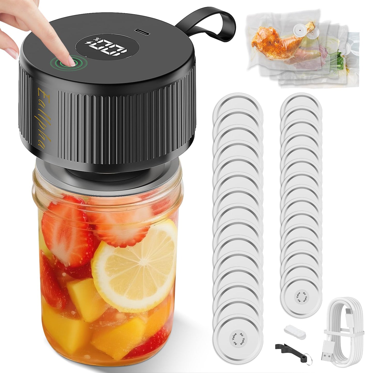 Electric Mason Jar Vacuum Sealer Kit, Automatic Jar Vacuum Sealer for Wide & Regular Mouth Mason Jars, Portable Mason Jar Sealer for Coffee Beans, Food Storage, Meal Prep Includes 30 pcs Lids