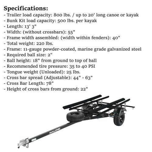 Malone MPG444LB-BLK MicroSport Off-Road LowBed 2 Kayak Trailer with 2 Bunk Kayak Carriers | 20' / 800 lbs Load Capacity | 22" Crossbar to Ground Clearance | Black Powder Coat Finish