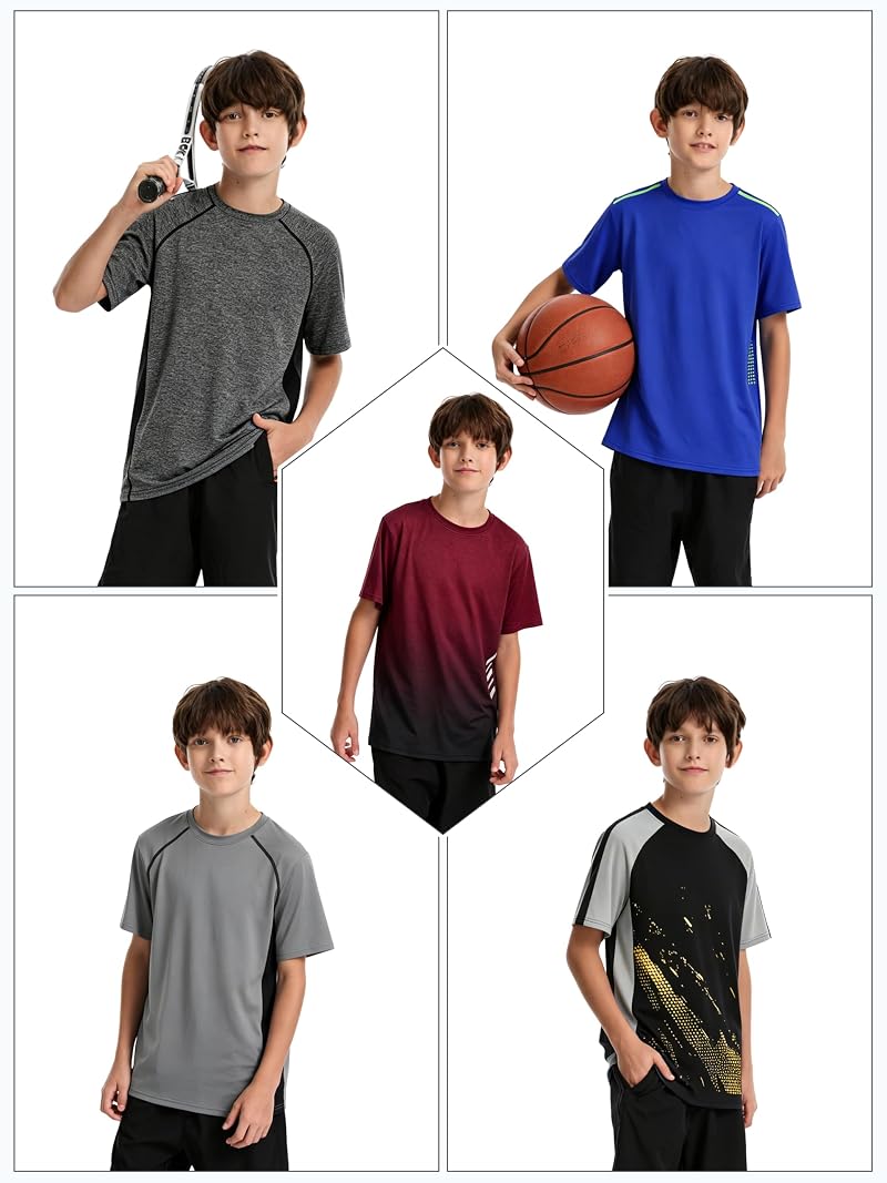 5 Pack Boys Athletic T-Shirts Dry Fit – Quick-Dry Active Tees with Variation: Black, Gray, Navy, Maroon, Mixed