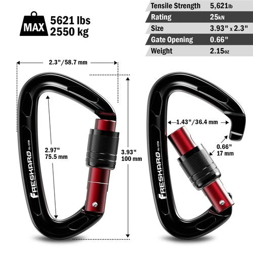 FresKaro Rock Climbing Carabiner Clips Heavy Duty, Screw Gate Locking, UIAA Certifed, 25kN Karabiner for Rappelling, Hunting, Hiking, Gym Equipment, or Survival Gear Kit, 4Inch, Black, 3Pack