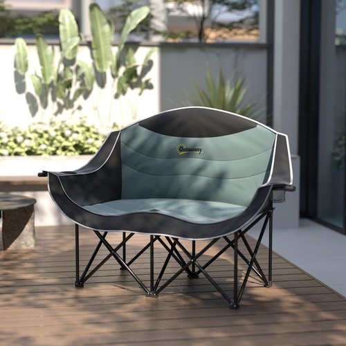 Outsunny Double Camping Chair for Adults, Padded Folding Camp Chair for 2 Person with Armrest, Wine Glass Holder, Cup Holder, Carry Bag for Outdoor Sports, Picnics, Supports up to 551 lbs., Black
