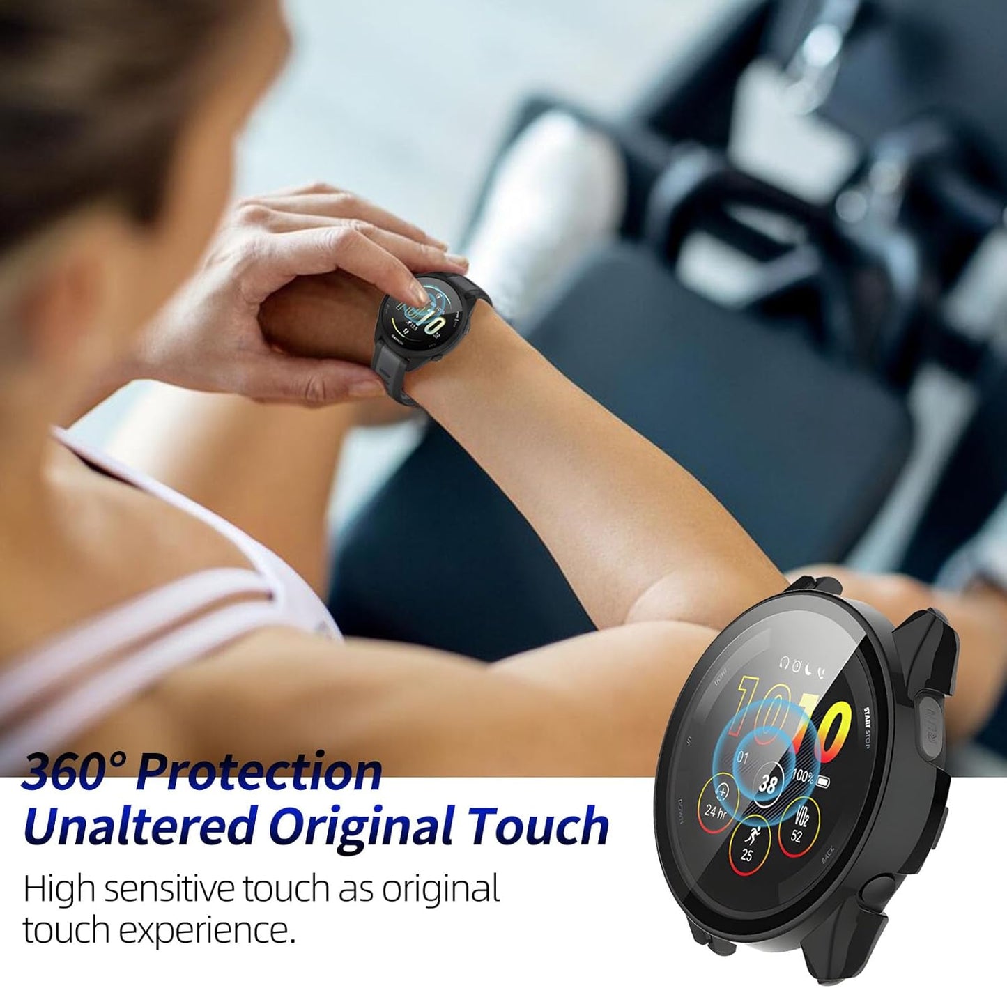 2 Pack for Garmin Forerunner 165 &165 Music Screen Protector Case [Full Coverage], Hard PC Bumper All-Around Protective Accessories for Garmin Built-in Tempered Glass Film