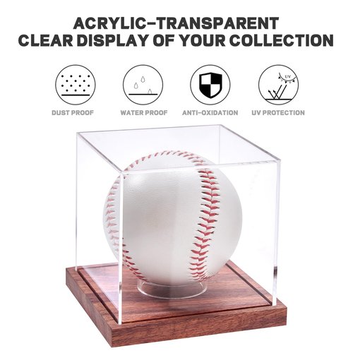 Baseball Display Case, No Assembly Required Clear Cube Tennis Ball Holder with Solid Wooden Base, Autograph Baseball Stand Box for Single Ball (1 Pack)
