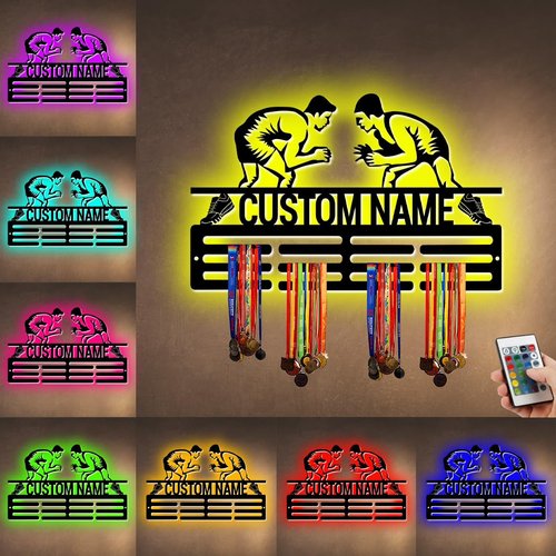 XIAO.Z Personalized Metal Wrestling Medal Hanger Holder Display Rack for Awards Ribbons With Led Light- Custom Sports Medal Holder for Wall,Medal Hanger Display Award Rack With Boy Girl Kid's Name