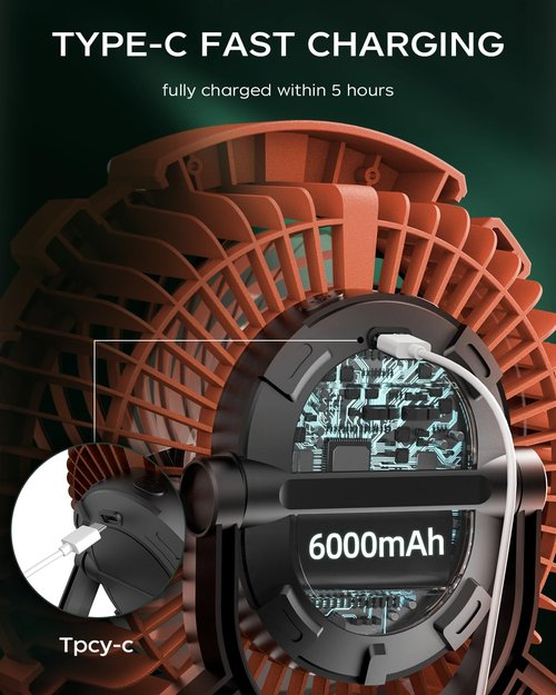 ASNUG Camping Fan with LED Lantern, 6000mAh Battery Operated Rechargeable Fan, 3 Speeds,180° Rotation, Portable Desk Fan with Hanging Hook, Tent Fan for Travel Camping Outdoor Fishing