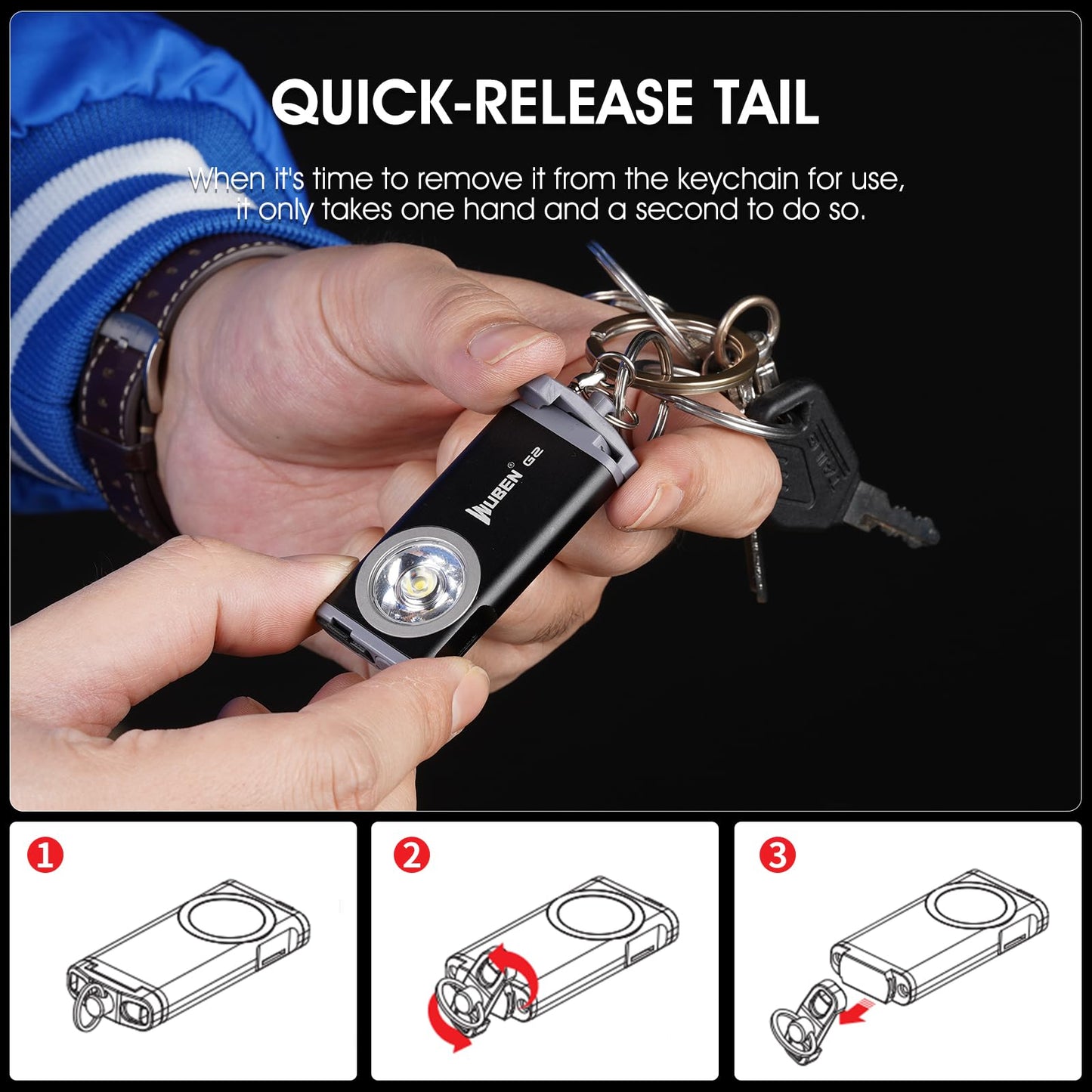 WUBEN G2 Mini Flashlight Keychain, 500 Lumens Rechargeable Pocket 5 Modes Small Led EDC Keychain Brightest Flashlight Magnetic Hat Clip for Travel,Walking,Searching,Hiking