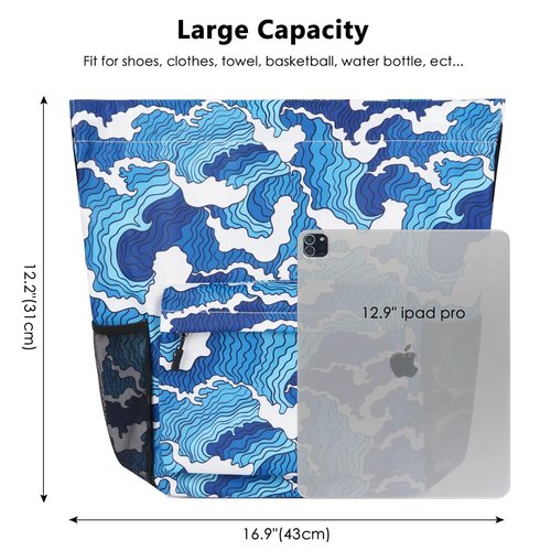 Drawstring Backpack Gym Bag for Women Men Large Capacity Back Pack Trendy Swim Bags String Backpack with Mesh Pockets for Beach Travel Hiking Yoga Wave