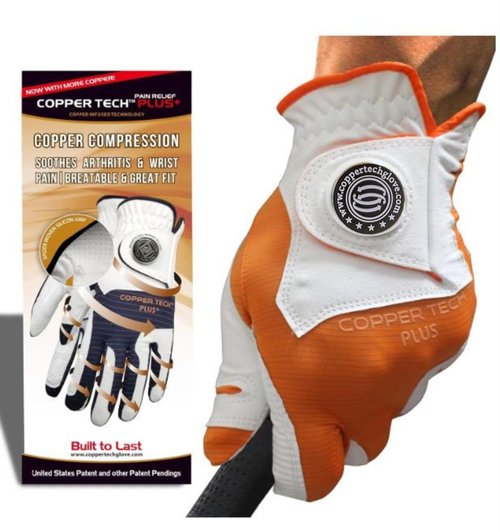 Copper Tech Plus Men's Left for Right Handed Golfers Golf Glove – Advanced Compression for Muscle Support, Joint Relief – White/Orange, 1 Pack, One Size Fits Most