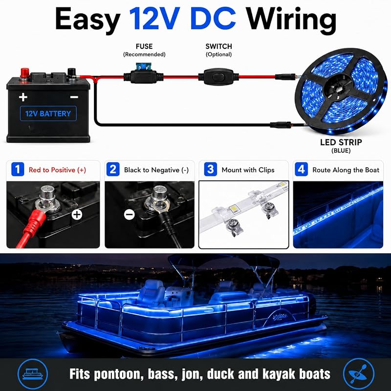 Marine LED Boat Light Strip Kit 16.4 ft Blue for Pontoon, Bass, Kayak – 12V