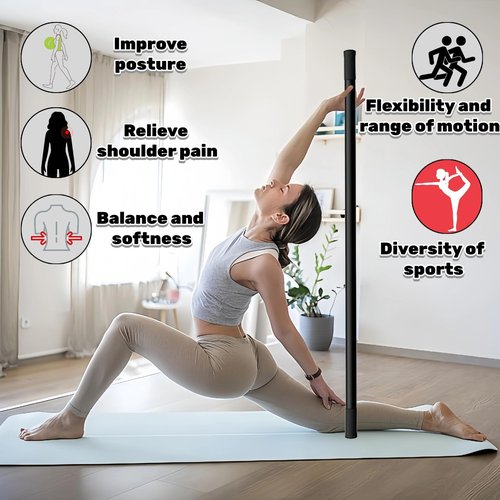 AmoreTempo Yoga Stick for Mobility, 5ft Adjustable Stretching Stick with 4 Steel Rods & Foam Grip Handles Stainless Steel Exercise Stick for Fitness, Physical Therapy, Balance Pole, Posture Correction
