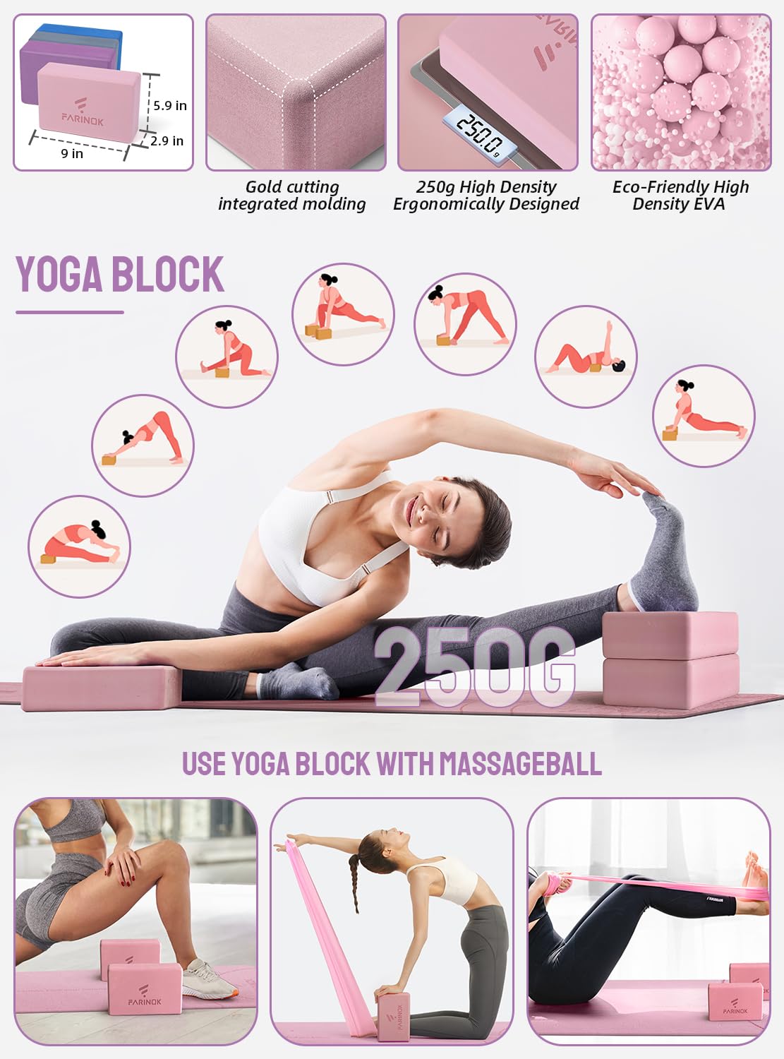 1/3 Pink Yoga Mat Thick, Yoga Set for Beginners Include High Density Pink Yoga Mat with Multi-loops Strap, Blocks, Booty Resistance Band Set, Door Anchor, Carring Strap