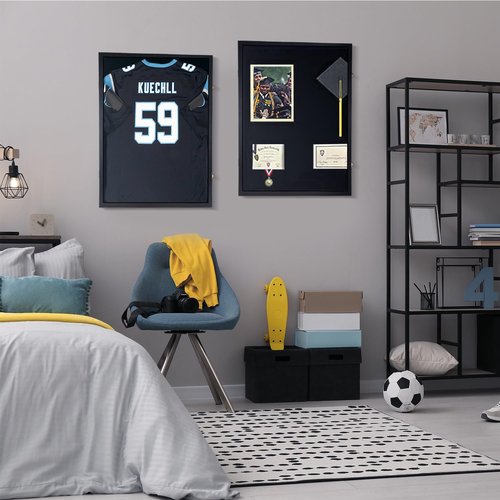 BAIJIALI Jersey Wooden Frame Display Case -Shadow Box with 98% UV Protection Acrylic and Hanger for Baseball Basketball Football Hockey Sport Shirt and Uniform (1)