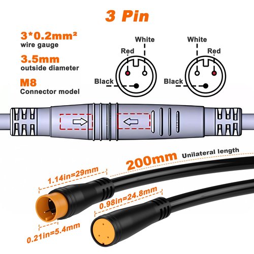 baluoqi Electric Bike Extension Cable Connector -3Pin, Waterproof, Perfect as Ebike Battery Connector