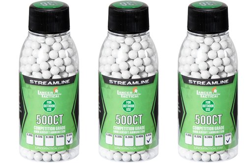 Lancer Tactical Mini Bottle 500 Round Airsoft Outdoor BBS 0.30g/0.32g/0.36g/ 0.40g/ 0.43g, Outdoor Field Compliant (3 Pack Total 1,500 Rounds)