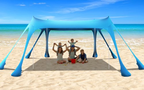 Beach Tent Sun Shelter,10 x 10FT Beach Canopy Tent Sun Shade with 8 Sandbags & 4 Poles, UPF50+ Beach Tent Canopy with Carrying Bag for Camping Trips, Fishing, Backyard Fun or Picnics Light Blue
