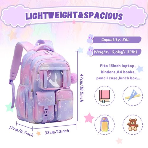 PIG PIG GIRL Kids Backpack for Girls - Middle School & Elementary School - Kawaii Ita Backpack - Purple