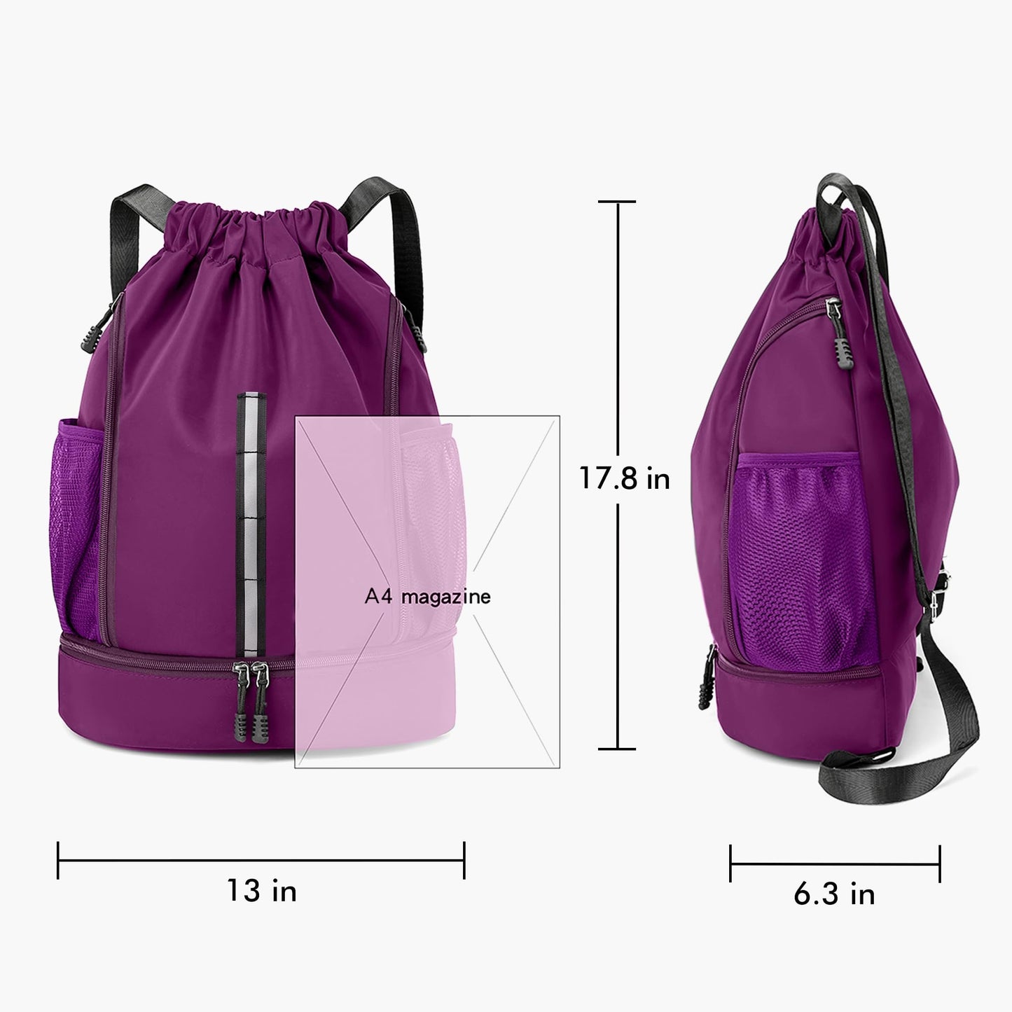 XMYAOWEI Sport Gym Bag Drawstring Backpack Beach Bag for Men Women with Shoe Compartment and Reflective Strips (Purple)