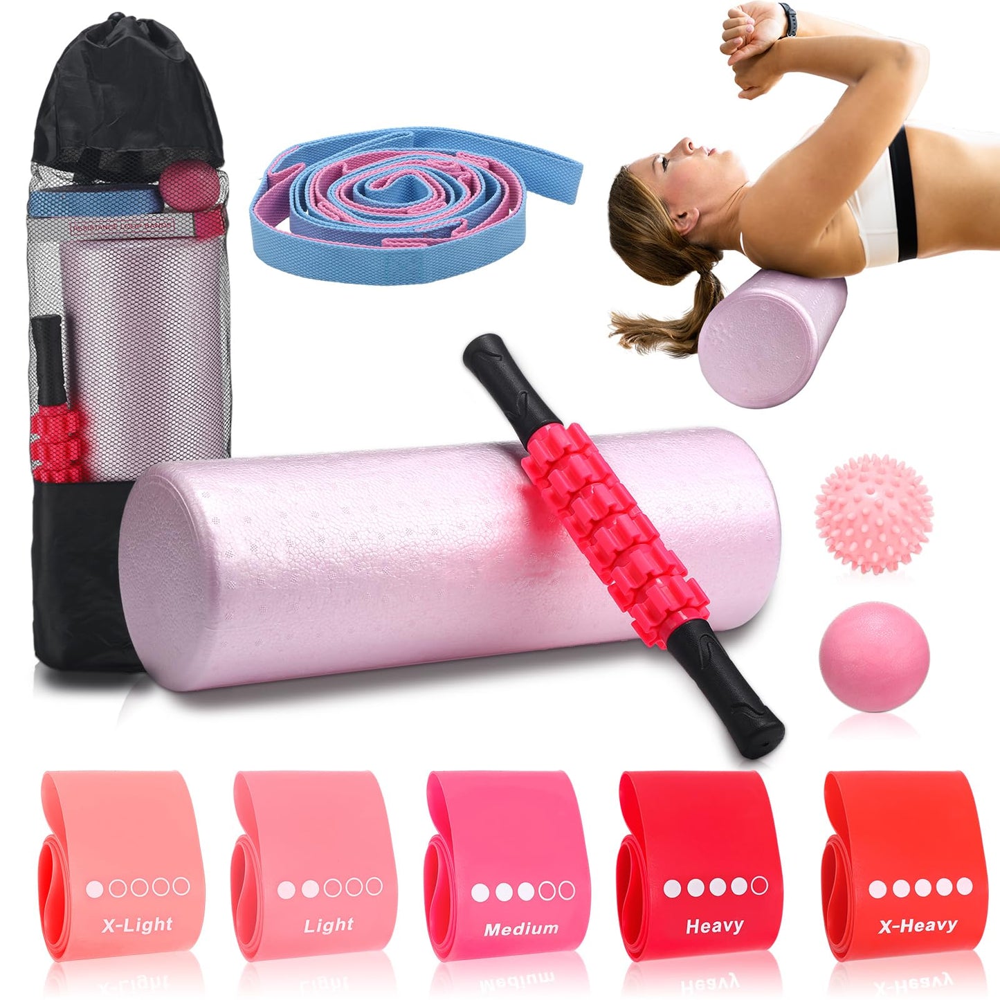 Soulchen 11 Pcs Pink 7 In1 Foam Roller Set Foam Back Roller Massage Stick Exercise Resistance Elastic Bands Plantar Fasciitis Ball Spiky Massager Ball with Bag for Physical Body Therapy Yoga Pilates