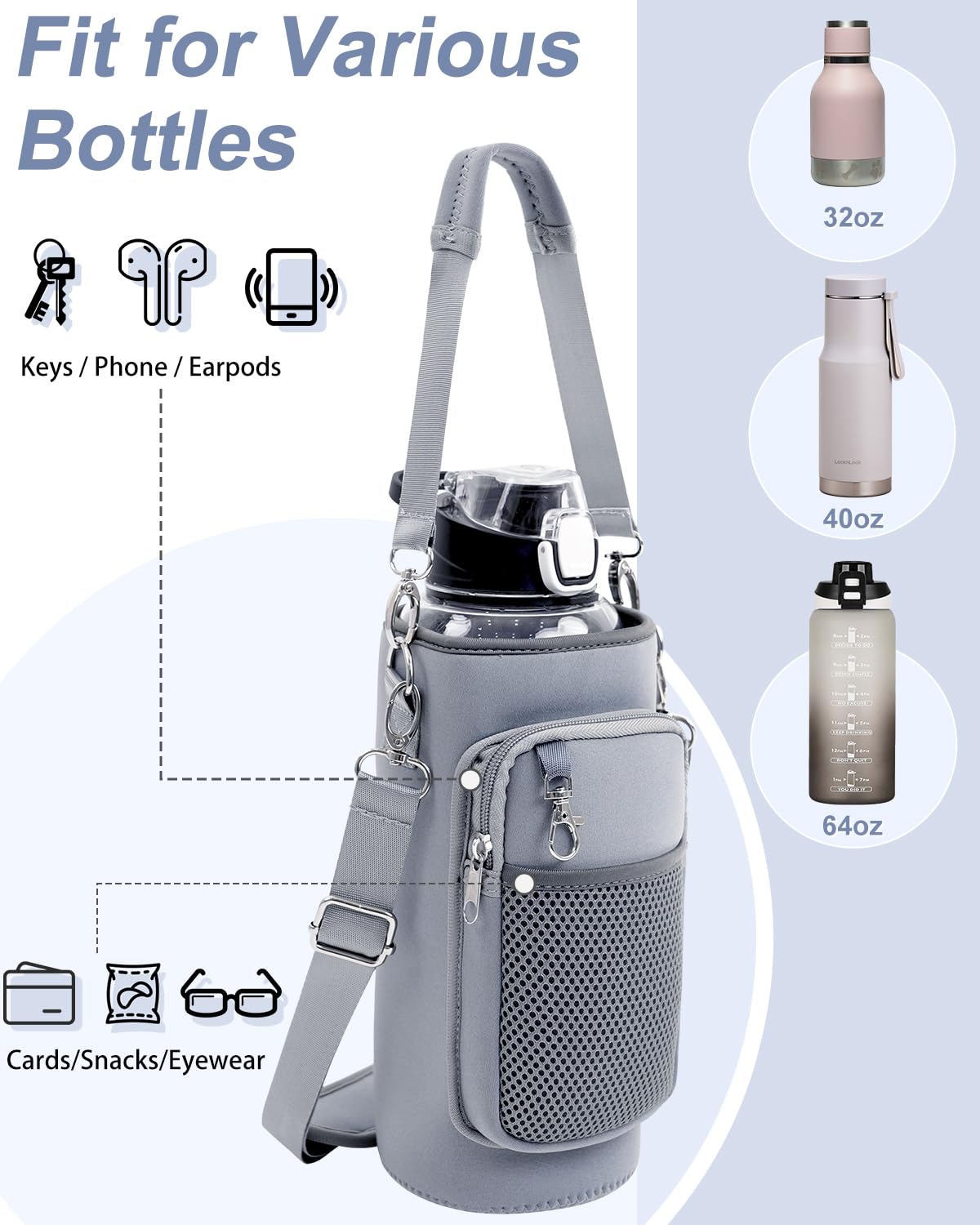 RHDZO Water Bottle Carrier Bag with Strap Insulated Water Bottle Holder with Phone Pocket and Handle 32oz 40oz 50oz Water Bottle Sleeve for Walking Hiking, Blue Gray