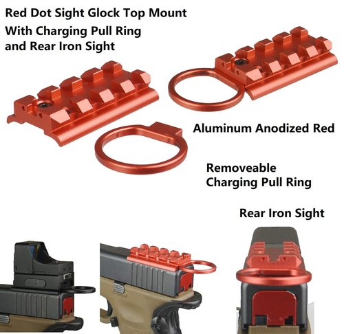 TWP Weaver/Picatinny Rail Top Mount with Rear Iron Sight and Removeable Pull Ring Aluminum 6082 Anodized Red Fits Glock
