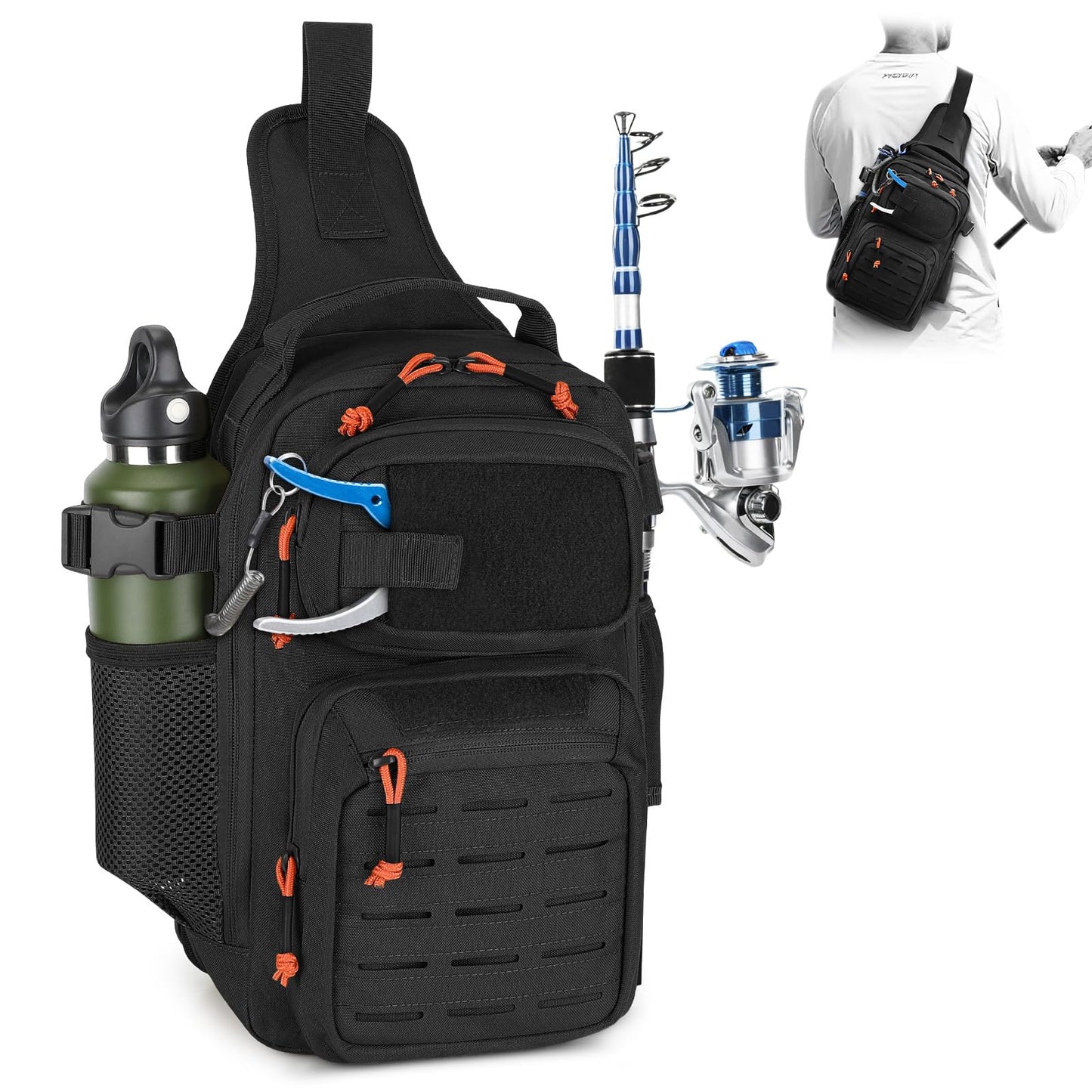 HUNTVP Fishing Sling Bag Lightweight Tackle Bag Small Fishing Backpack Tactical Shoulder Sling Bags with Rod Holder, Storge Gear and Equipment, Gifts for Men (Black)