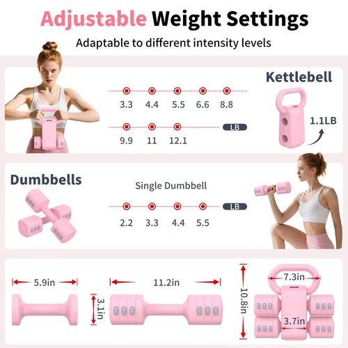 Hezeyferg 2-in-1 Adjustable Dumbbells Set, 4 Levels Weight Dumbbells Set for Women Men, Each 2.2/3.3/4.4/5.5lb Hand Weights with Kettlebell Form for Home Gym Exercise Training (Pink)
