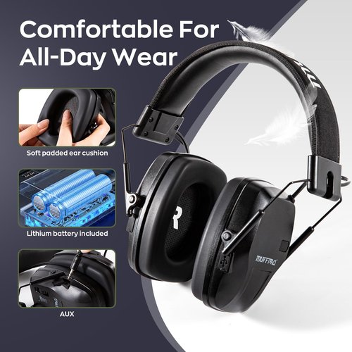 Muffpro Rechargeable Shooting Ear Protection with Sound Amplification Electronic Earmuffs for Noise Reduction, Active Noise Canceling Ear Muffs for Hunting Black