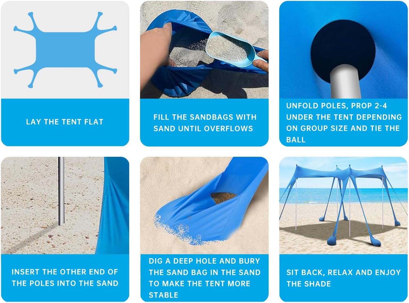 10x10ft Beach Tent Sun Shelter with UPF 50+ UV Protection, Beach Canopy Tent with 8 Sandbags, 4 Stability Poles, 8 Ground Pegs for Camping, Fishing, Picnics, Backyard Fun (Sky Blue)