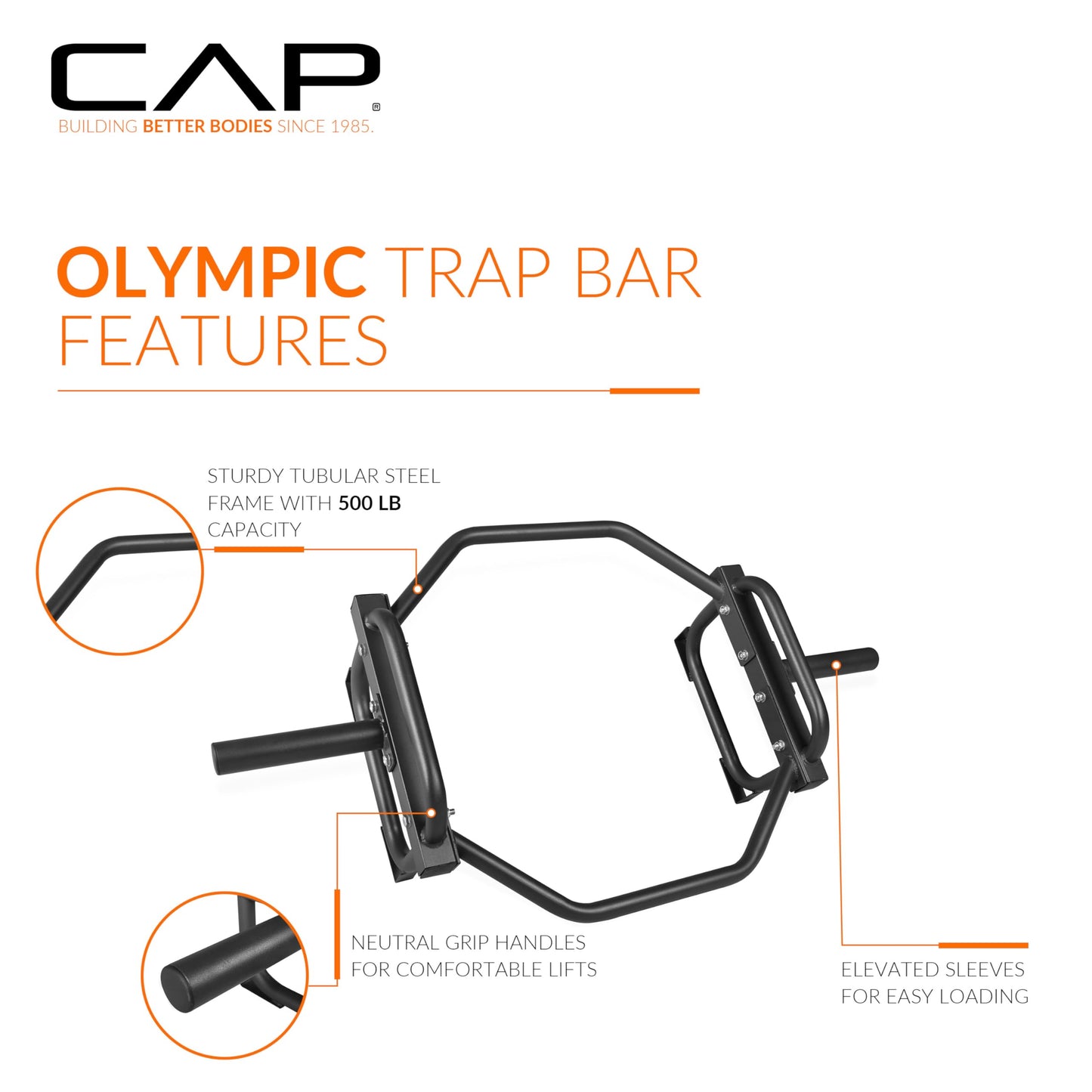 CAP Barbell Olympic Trap Bar, 500lbs, Alloy Steel, Black, 50x29x14 inches