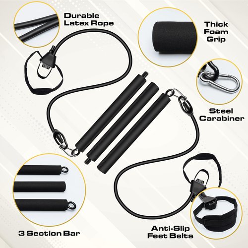 Pilates Bar Kit with Resistance Bands for Women & Men(30,40,50 Lbs), Pilate Bar with Non-Slip Foot Belts, 3-Section Pilates Bar Workout Equipment for Legs, Hip, Waist and Arm