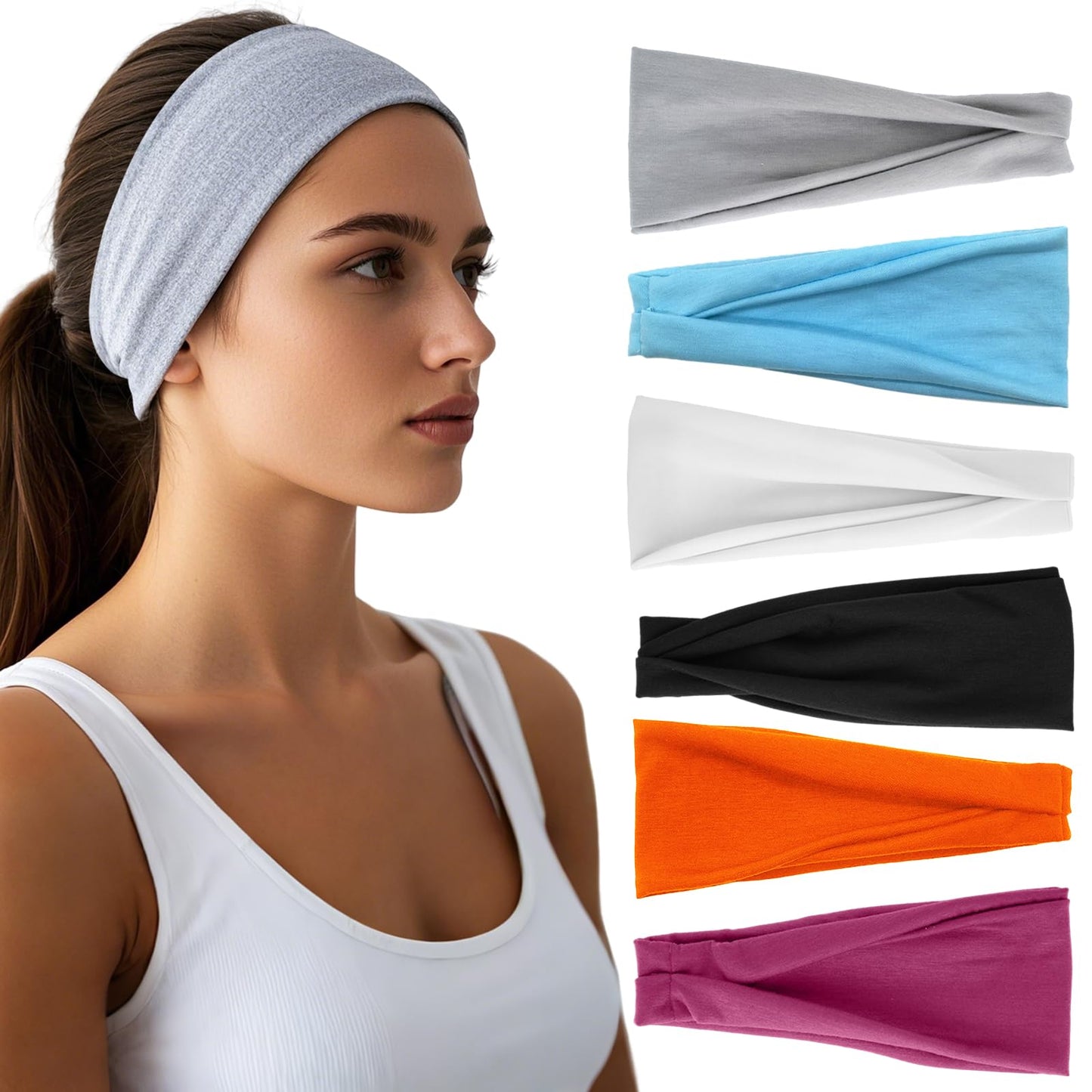 HSEM Headbands for Women - 6 Pack Wide Elastic Hairbands | Ultra-Soft Moisture Wicking Sports Headband | Non-Slip Accessories Bands for Fashion (Orange Blue Grey White RoseRed Black)