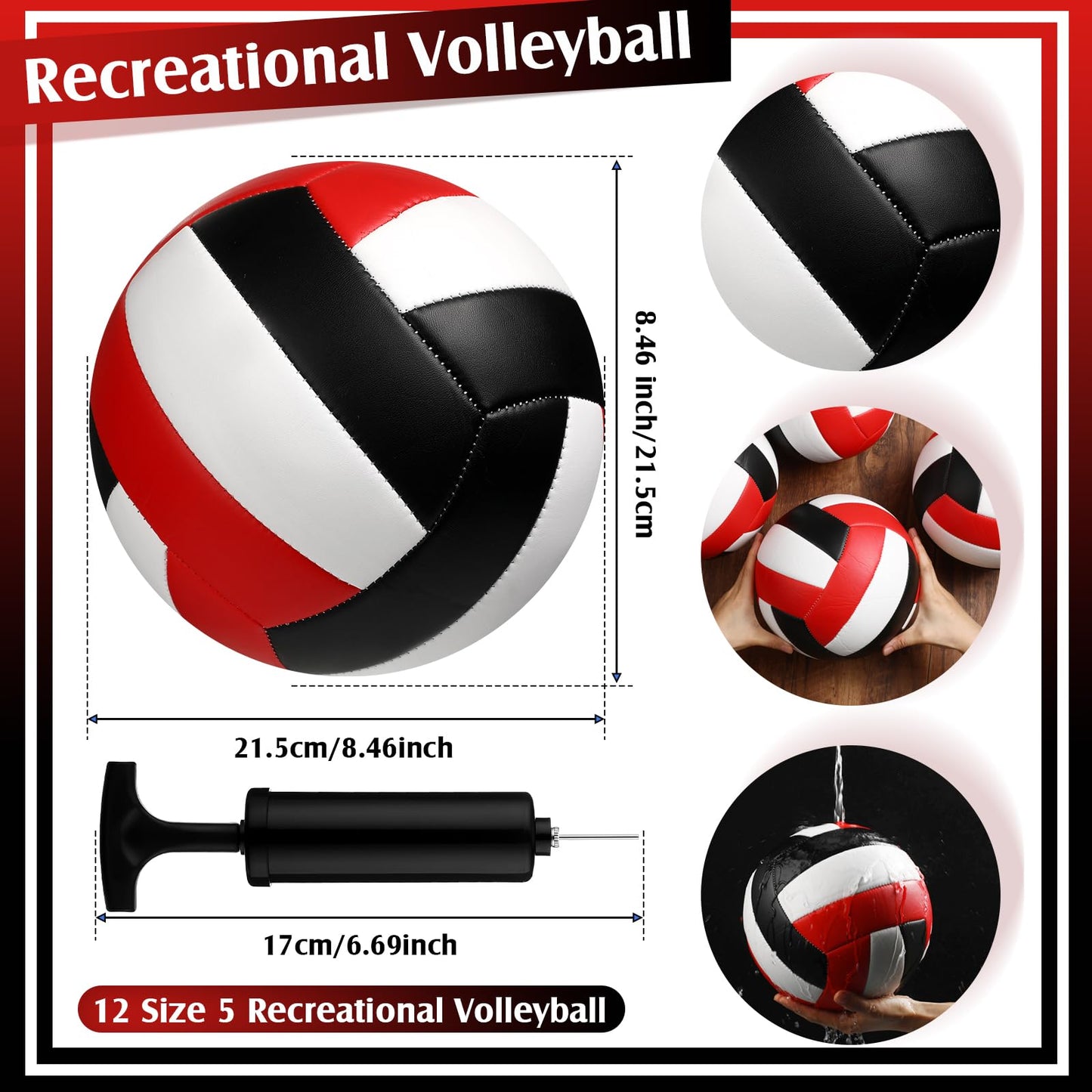Wettarn 12 Pcs Official Size 5 Volleyballs Bulk Soft Recreational Volleyballs with Pump Regulation Size for Beginner Indoor Outdoor Beach Gym Pool Sand Sport (White,Red,Black)