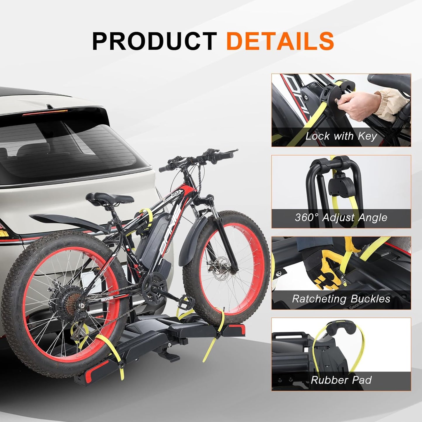 2 E-Bike Foldable Hitch Mount Bike Rack with Light for 2" Receiver SUV & Trucks, Up to 4'' Fat Tire, Lockable Hitch Racks for E-Bike with Ramp and Wheels, 180 LBS Capacity