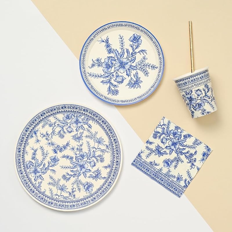 Blue & White Floral Paper Plates (Set of 10) 9.25” - Coterie Toile Floral Party Plates, Blue