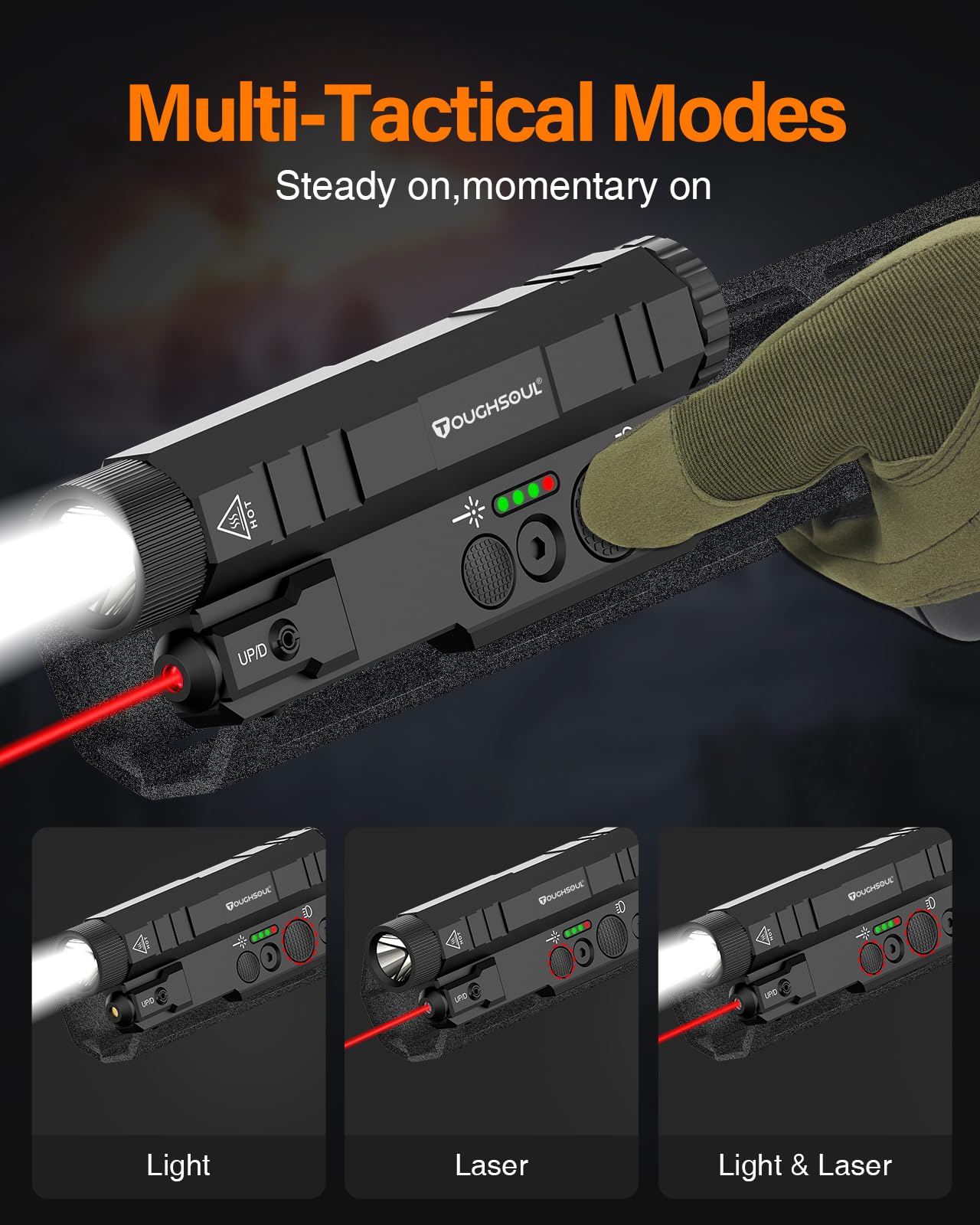 TOUGHSOUL Mlok Picatinny Tactical Flashlight Green Red Laser Sight Combo, 2400 Lumen Max Light with Momentary Strobe Function Rchargeable Battery Included (Red Laser)