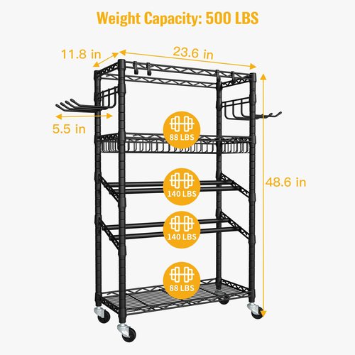 FUTASSI S3 Dumbbells Rack Storage Rack, Rolling Home Gym Weight Organizer Rack, Yoga Mat Storage and Workout Equipment Organizers for Gym Studio, Max Load 500 LBS, 34.6"W x 11.8"D x 48.6"H, Black