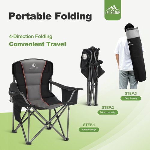 LET'S CAMP Folding Camping Chair Oversized Heavy Duty Padded Outdoor Chair with Cup Holder Storage and Cooler Bag, 450 LBS Weight Capacity, Thicken 600D Oxford,2 Pack