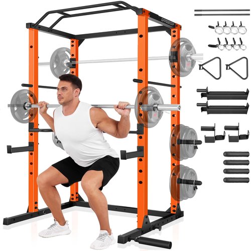 OPPSDECOR Power Cage Squat Rack, Multi-Functional Power Rack with Cable Pulley System, Pull Up Bar, J-Hooks and More Training Attachment, Heavy-Duty Weight Workout Cage for Home Gym (Orange)