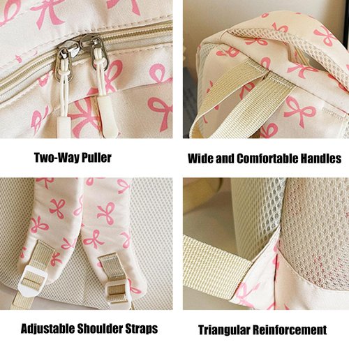 Yaxhsi Bow Backpack 3Pcs Set for Girls, Aesthetic Daypack Bow Rucksack, Cute Backpack Set Large Capacity (Pink)