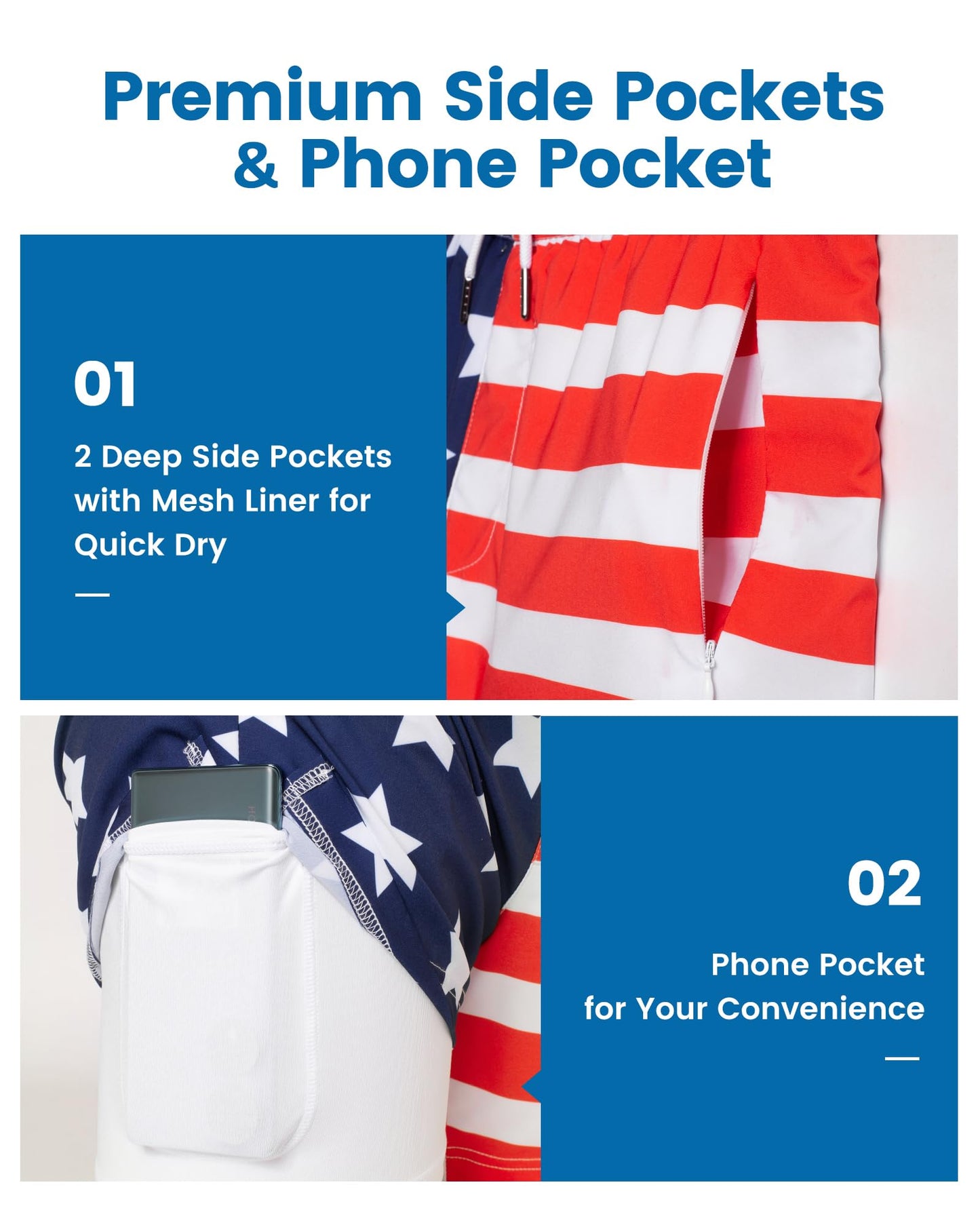 maamgic Mens Swim Trunks with Compression Liner 5 Inch, Quick Dry Bathing Suit with Zipper Pockets, Stretch No-Chafing Swim Shorts, Half-Half American Flag X-Small