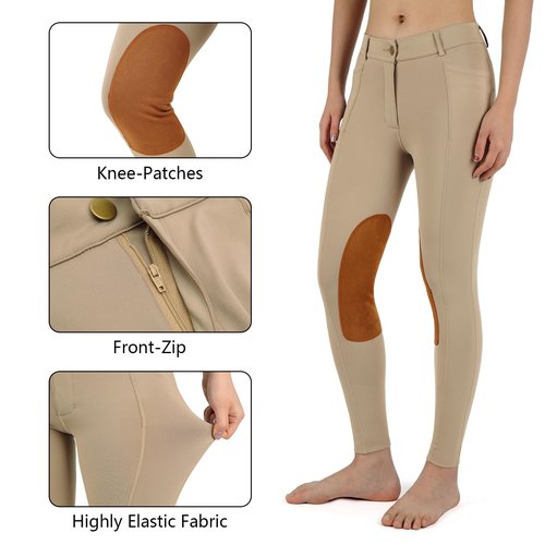 beroy Kids Horse Riding Knee-Patches Pants Girls Equestrian Front-Zip Breeches Legging with Pockets(Khaki,S)