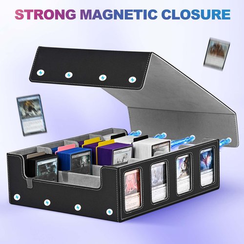UAONO Trading Card Storage Box with Commander Display; 2400+ Deck Box for MTG with Removable Cover; Toploader Card Case fits Magic TCG PTCG Sports Cards; 24 Dividers, 4 Stoppers (Black, Grey)