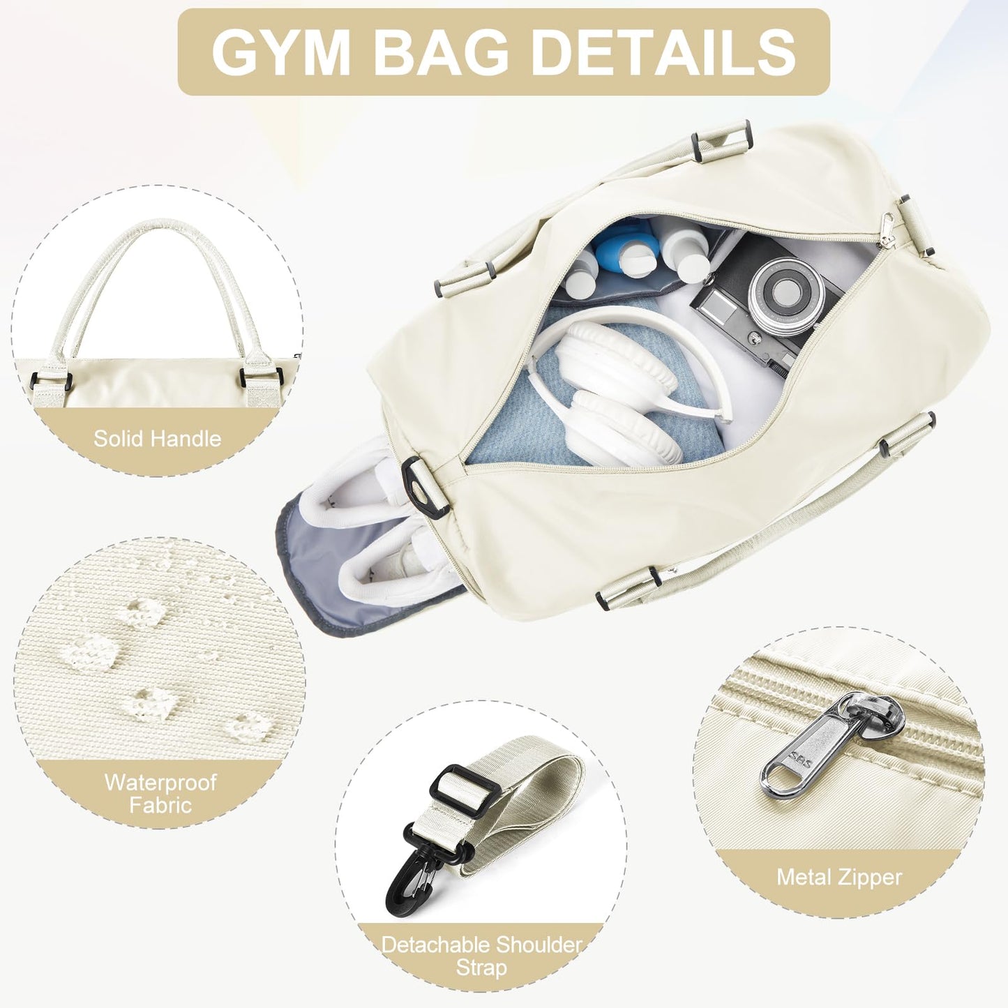 Gym Bag for Women Men with Shoes Compartment and Wet Pocket,Sport Swimming Yoga Bag,Waterproof Travel Duffel Bag Small Carry on Bag Overnight Weekender Bags Personal Item Bag for Airlines Cream White