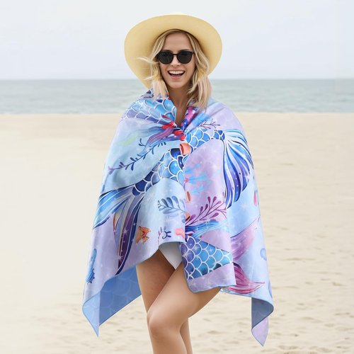 MelonBoat Mermaid Microfiber Beach Towel: 71"x35" Large Girls Beach Towel for Travel, Sand Free Super Absorbent Quick Dry, Lightweight Compact for Trip Vacation Beach Bath Camping Pool Swim, 1 Pcs