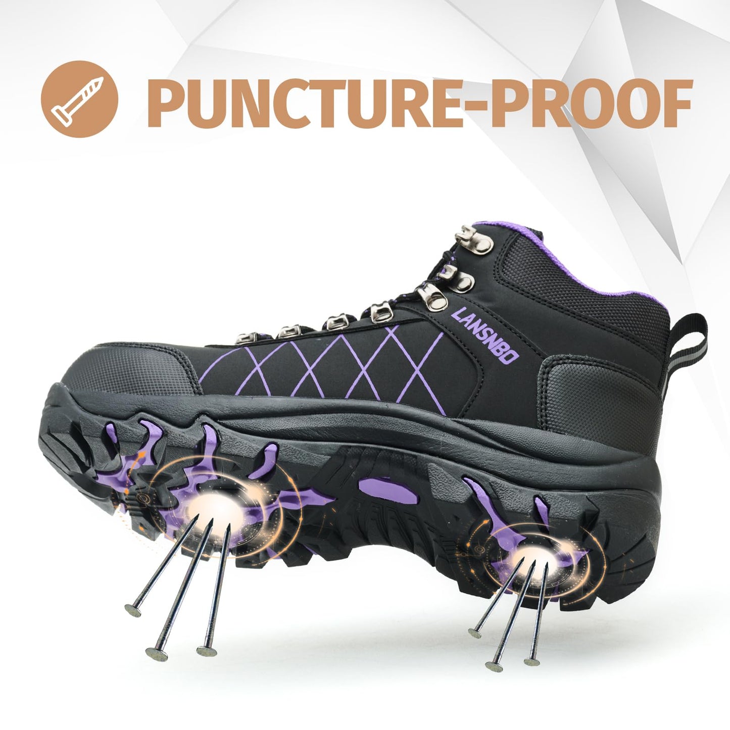 LANSNBO Waterproof Steel Toe Work Boots for Women Wide Width (Purple-9)