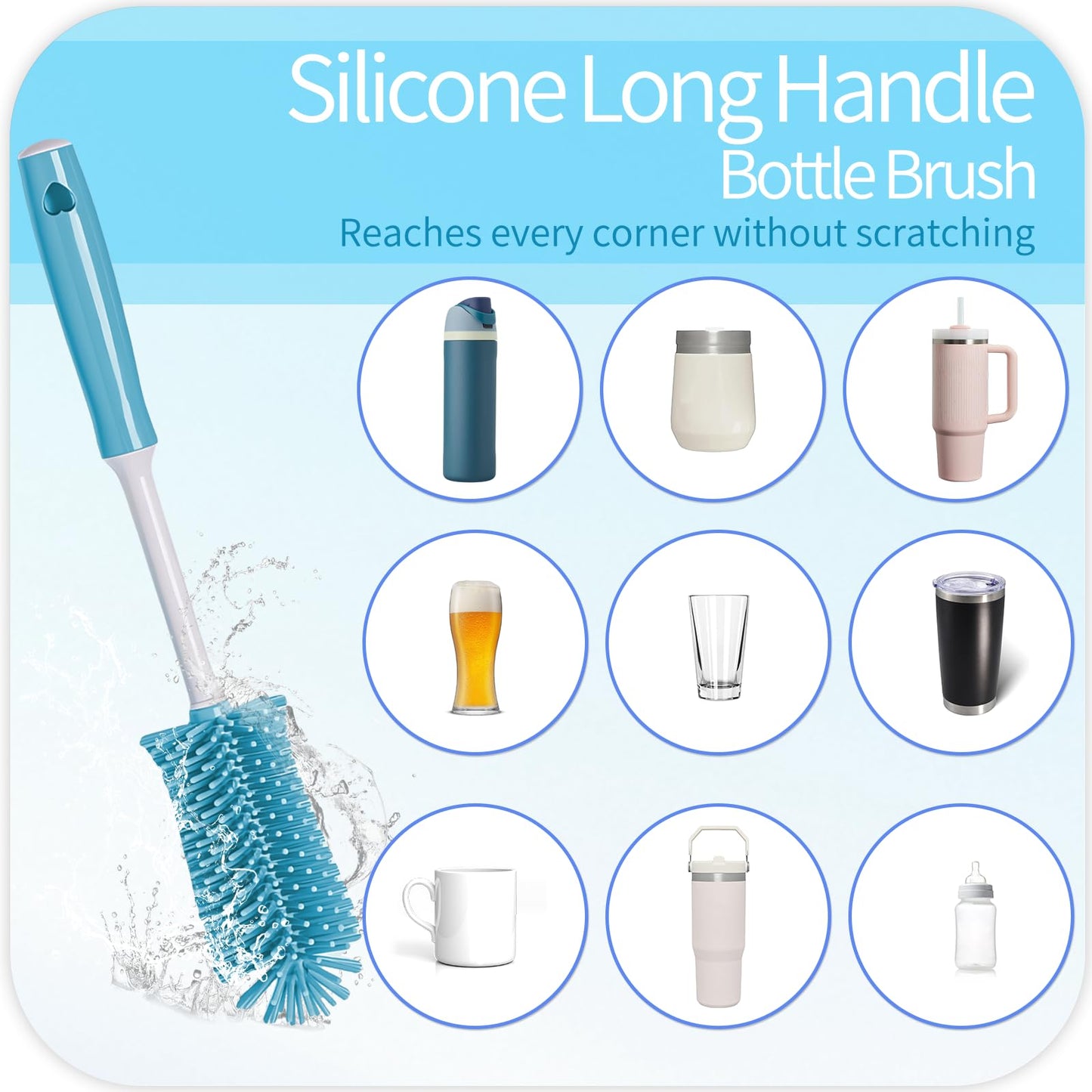 4 Pack Water Bottle Cleaner Brush Set - Silicone Bottle Brush 12.6" Heavy Duty Straw Cleaner Brush, 4 in 1 Multipurpose Cup Cleaner Kit